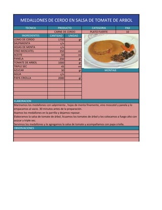 MEDALLONES DE CERDO EN SALSA DE TOMATE DE ARBOL
         TECNICA                  PRODUCTO                      CATEGORIA                   PAX
                                CARNE DE CERDO                 PLATO FUERTE                  10
      INGREDIENTES           CANTIDAD     UNIDAD
LOMO DE CERDO                      1750          gr
SALPIMIENTA                         c/n
HOJAS DE MENTA                      c/n
VINO MOSCATEL                       350          ml
ACEITE                               50          ml
PANELA                              250          gr
TOMATE DE ARBOL                    1000          gr
TRIPLE SEC                           45          ml
AZUCAR                               30          gr                        MONTAJE
AGUA                                c/n
PAPA CRIOLLA                       2000          gr




ELABORACION
Marinamos los medallones con salpimienta , hojas de menta finamente, vino moscatel y panela y lo
empacamos al vacio. 30 minutos antes de la preparación.
Asamos los medallones en la parrilla y dejamos reposar.
Elaboramos la salsa de tomate de árbol, licuamos los tomates de árbol y los colocamos a fuego alto con
azúcar y triple sec.
Servimos los medallones y le agregamos la salsa de tomate y acompañamos con papa criolla.
OBSERVACIONES
 
