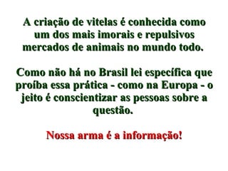 A criação de vitelas é conhecida como um dos mais imorais e repulsivos mercados de animais no mundo todo.  Como não há no Brasil lei específica que proíba essa prática - como na Europa - o jeito é conscientizar as pessoas sobre a questão.  Nossa arma é a informação! 
