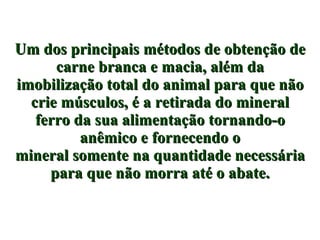 Um dos principais métodos de obtenção de carne branca e macia, além da imobilização total do animal para que não crie músculos, é a retirada do mineral ferro da sua alimentação tornando-o anêmico e fornecendo o mineral somente na quantidade necessária para que não morra até o abate. 
