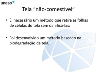 Tela “não-comestível”
• É necessário um método que retire as folhas
de células do tela sem danificá-las;
• Foi desenvolvido um método baseado na
biodegradação da tela;
 
