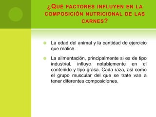 ¿Q UÉ FACTORES INFLUYEN EN LA
COMPOSICIÓN NUTRICIONAL DE LAS
           CARNES ?



    La edad del animal y la cantidad de ejercicio
     que realice.

    La alimentación, principalmente si es de tipo
     industrial, influye notablemente en el
     contenido y tipo grasa. Cada raza, así como
     el grupo muscular del que se trate van a
     tener diferentes composiciones.
 