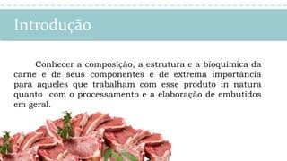 Introdução
Conhecer a composição, a estrutura e a bioquímica da
carne e de seus componentes e de extrema importância
para aqueles que trabalham com esse produto in natura
quanto com o processamento e a elaboração de embutidos
em geral.
 