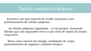 Tecido conjuntivo adiposo
Constitui um tipo especial de tecido conjuntivo com
predominância de células adiposas.
As células adiposas organizam – se em grupos, formando
lóbulos que são separados entre si por meio de septos do tecido
conjuntivo.
Serve como reserva de energia, modelação do corpo,
preenchimento de espaços e isolante térmico.
 