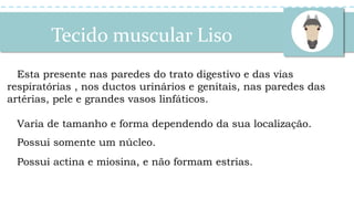 Tecido muscular Liso
Esta presente nas paredes do trato digestivo e das vias
respiratórias , nos ductos urinários e genitais, nas paredes das
artérias, pele e grandes vasos linfáticos.
Varia de tamanho e forma dependendo da sua localização.
Possui somente um núcleo.
Possui actina e miosina, e não formam estrias.
 
