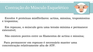 Contração do Músculo Esquelético
Envolve 4 proteínas miofibrilares: actina, miosina, tropomiosina
e troponina;
Em repouso, o músculo gera uma tensão mínima e permanece
extensível;
Não existem pontes entre os filamentos de actina e miosina;
Para permanecer em repouso é necessário manter uma
concentração relativamente alta de ATP.
 