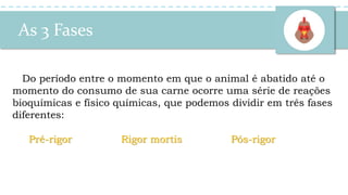 Do período entre o momento em que o animal é abatido até o
momento do consumo de sua carne ocorre uma série de reações
bioquímicas e físico químicas, que podemos dividir em três fases
diferentes:
Pré-rigor Rigor mortis Pós-rigor
As 3 Fases
 
