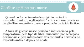 Glicólise e pH no pós-morte
Quando o fornecimento de oxigênio no tecido
muscular diminui, o glicogênio * entra em um processo
de glicólise anaeróbica para a produção de ácido láctico.
A taxa de glicose nesse período é influenciada pela
temperatura, pelo tipo de fibra muscular, por secreções
hormonais e pela intensidade dos estímulos nervosos no
musculo antes e depois do abate.
 