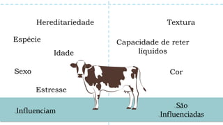 Espécie
Influenciam
Hereditariedade
Idade
Sexo
Estresse
São
Influenciadas
Textura
Capacidade de reter
líquidos
Cor
 