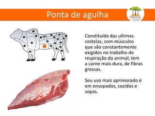 Ponta de agulha
Constituída das ultimas
costelas, com músculos
que são constantemente
exigidos no trabalho de
respiração do animal; tem
a carne mais dura, de fibras
grossas.
Seu uso mais aprimorado é
em ensopados, cozidos e
sopas.
 