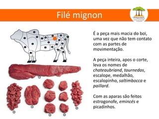 Filé mignon
É a peça mais macia do boi,
uma vez que não tem contato
com as partes de
movimentação.
A peça inteira, apos o corte,
leva os nomes de
chateaubriand, tournedos,
escalope, medalhão,
escalopinho, saltimbocca e
paillard.
Com as aparas são feitos
estrogonofe, emincés e
picadinhos.
 