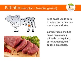 Patinho (knuckle – tranche grasse)
Peça muito usada para
assados, por ser menos
macia que a alcatra.
Considerada a melhor
carne para moer, é
utilizada para quibes,
cortes fatiados, em
cubos e braseados.
 