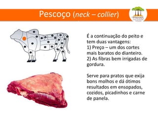 Pescoço (neck – collier)
)
É a continuação do peito e
tem duas vantagens:
1) Preço – um dos cortes
mais baratos do dianteiro.
2) As fibras bem irrigadas de
gordura.
Serve para pratos que exija
bons molhos e dá ótimos
resultados em ensopados,
cozidos, picadinhos e carne
de panela.
 