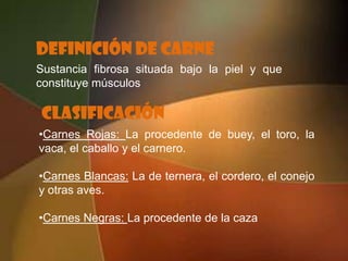 Definición de CarneSustancia fibrosa situada bajo la piel y que constituye músculosClasificaciónCarnes Rojas: La procedente de buey, el toro, la vaca, el caballo y el carnero.