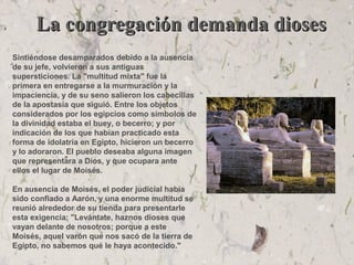 La congregación demanda diosesLa congregación demanda dioses
Sintiéndose desamparados debido a la ausencia
de su jefe, volvieron a sus antiguas
supersticiones. La "multitud mixta" fue la
primera en entregarse a la murmuración y la
impaciencia, y de su seno salieron los cabecillas
de la apostasía que siguió. Entre los objetos
considerados por los egipcios como símbolos de
la divinidad estaba el buey, o becerro; y por
indicación de los que habían practicado esta
forma de idolatría en Egipto, hicieron un becerro
y lo adoraron. El pueblo deseaba alguna imagen
que representara a Dios, y que ocupara ante
ellos el lugar de Moisés.
En ausencia de Moisés, el poder judicial había
sido confiado a Aarón, y una enorme multitud se
reunió alrededor de su tienda para presentarle
esta exigencia: "Levántate, haznos dioses que
vayan delante de nosotros; porque a este
Moisés, aquel varón que nos sacó de la tierra de
Egipto, no sabemos qué le haya acontecido."
 