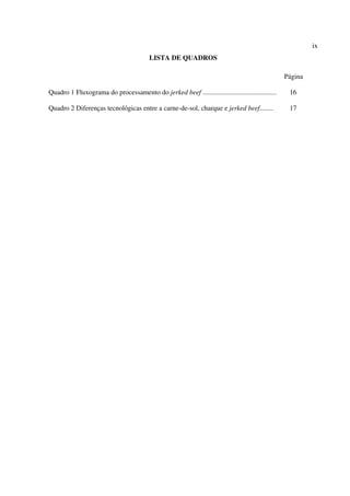 ix
LISTA DE QUADROS
Página
Quadro 1 Fluxograma do processamento do jerked beef ........................................... 16
Quadro 2 Diferenças tecnológicas entre a carne-de-sol, charque e jerked beef........ 17
 