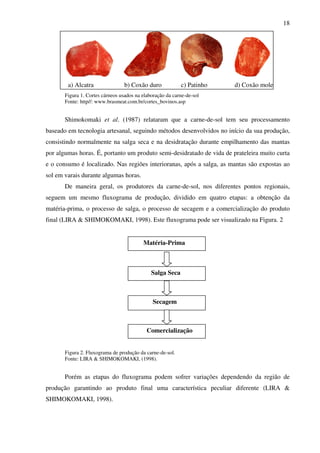 18
a) Alcatra b) Coxão duro c) Patinho d) Coxão mole
Figura 1. Cortes cárneos usados na elaboração da carne-de-sol
Fonte: http//: www.brasmeat.com.br/cortes_bovinos.asp
Shimokomaki et al. (1987) relataram que a carne-de-sol tem seu processamento
baseado em tecnologia artesanal, seguindo métodos desenvolvidos no início da sua produção,
consistindo normalmente na salga seca e na desidratação durante empilhamento das mantas
por algumas horas. É, portanto um produto semi-desidratado de vida de prateleira muito curta
e o consumo é localizado. Nas regiões interioranas, após a salga, as mantas são expostas ao
sol em varais durante algumas horas.
De maneira geral, os produtores da carne-de-sol, nos diferentes pontos regionais,
seguem um mesmo fluxograma de produção, dividido em quatro etapas: a obtenção da
matéria-prima, o processo de salga, o processo de secagem e a comercialização do produto
final (LIRA & SHIMOKOMAKI, 1998). Este fluxograma pode ser visualizado na Figura. 2
Figura 2. Fluxograma de produção da carne-de-sol.
Fonte: LIRA & SHIMOKOMAKI, (1998).
Porém as etapas do fluxograma podem sofrer variações dependendo da região de
produção garantindo ao produto final uma característica peculiar diferente (LIRA &
SHIMOKOMAKI, 1998).
Salga Seca
Secagem
Matéria-Prima
Comercialização
 