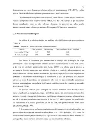 42
intensamente nas carnes do que nas soluções salinas em temperatura de 10°C e 20°C e explica
que tal fato é devido às interações da água com a matriz protéica da carne.
Os valores médios de pH da carne in natura, carne soleada e carne soleada embalada a
vácuo e congelada foram respectivamente 5,65; 5,72 e 5,54. Os valores de pH nas carnes
foram semelhantes entre si, não sofrendo alteração no processo da salga, porém
estatisticamente, esses valores apresentaram diferença (p<0,05) entre os tratamentos.
3.2. Parâmetros microbiológicos
As médias de resultados obtidos nas análises microbiológicas estão apresentadas na
Tabela 4.
Tabela 4. Contagem de S. Aureus e E.coli nos diferentes tratamentos.
Variáveis Carne in natura Carne soleada Carne embalada a vácuo e congelada
S.aureus ( log UFC/g) 4,43 5,23 4,41
E. Coli( log UFC/g) 2,05 1,83 0,90
Pela Tabela 4 observa-se que, mesmo com o emprego das tecnologias de salga,
embalagem a vácuo e congelamento, ainda foi possível recuperar células viáveis de S. aureus
e E. coli no substrato, concordando com Leitão (1985) que afirma que é possível a
recuperação dos microrganismos após a injúria celular se as condições adequadas para o seu
desenvolvimento voltem a ocorrer no substrato. Apesar do emprego do vácuo e congelamento
inibirem o crescimento microbiológico e aumentarem a vida de prateleira dos produtos
cárneos, o risco da ocorrência de toxinfecções não pode ser desconsiderado, aumentando
assim a importância da manipulação higiênica da matéria-prima e dos produtos processados
(LARA et al., 2001).
Foi possível verificar que a contagem de S.aureus aumentou cerca de dez vezes na
carne soleada após a manipulação, salga e período de repouso em temperatura ambiente. Isto
pode ter ocorrido pelas características desta bactéria que tolera concentrações salinas na faixa
de 3%, como a encontrada na carne soleada. A Aw em 0,97 não é capaz de ser uma barreira
ao crescimento de S.aureus, que tolera Aw em até 0,86, sem produzir toxina nestes casos
(BAIRD-PARKER, 1990).
O S. aureus se torna um bom competidor em ambientes com concentrações salinas um
pouco acima do encontrado na matéria-prima (Pinto et al., 1998; Senigalia, 1999), como é o
caso da carne soleada, pois a diminuição da capacidade de crescimento de outras bactérias faz
com que haja maior oferta de nutrientes para o seu crescimento no substrato.
 