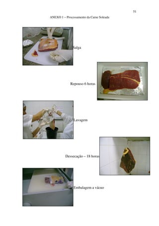 51
ANEXO 1 – Processamento da Carne Soleada
Salga
Repouso 6 horas
Lavagem
Dessecação – 18 horas
Embalagem a vácuo
 