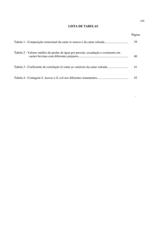 viii
LISTA DE TABELAS
Página
Tabela 1 - Composição centesimal da carne in natura e da carne soleada.............................. 39
Tabela 2 - Valores médios de perdas de água por pressão, exsudação e cozimento em
carnes bovinas com diferentes preparos................................................................ 40
Tabela 3 - Coeficiente de correlação (r) entre as variáveis da carne soleada........................... 41
Tabela 4 - Contagem S. Aureus e E.coli nos diferentes tratamentos........................................ 42
.
 