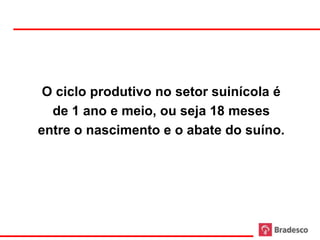 O ciclo produtivo no setor suinícola é
       de 1 ano e meio, ou seja 18 meses
     entre o nascimento e o abate do suíno.




10
 