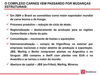 O COMPLEXO CARNES VEM PASSANDO POR MUDANÇAS
     ESTRUTURAIS:

      Em 2004 o Brasil se consolidou como maior exportador mundial
        de carne bovina e de frango;
      Processo produtivo – redução do ciclo de abate;
      Regionalização – deslocamento da produção para as regiões
        Centro-Oeste e Norte do país;
      Consolidação – movimento de fusões e aquisições;
      Internacionalização – compra de frigoríficos no exterior por
        empresas nacionais e maior destino da produção à exportação.
        JBS, Marfrig e Bertin compraram plantas na Argentina e no
        Uruguai. JBS comprou a Swift com plantas nos EUA e na
        Austrália e se tornou o maior do mundo;
      Abertura de capital – JBS (ex-Friboi), Marfrig, Minerva.

41
 