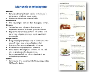 Marinar:
• Sempre cubra a tigela com a carne na marinada e
   conserve na geladeira, nunca na pia.
• Nunca use novamente uma marinada.
Carne fresca:
• Use-a ou congele-a em até 3 a 5 dias após a compra.
Limpeza:
• Sempre lave suas mãos com água quente e
   ensaboada antes de manusear qualquer comida.
• Faça o mesmo com as superfícies em contato com
   carne crua antes de começar o passo seguinte de
   preparação.
Congelamento:
• É seguro congelar pratos à base de carne suína. Use-
   os em 3 meses para uma qualidade melhor.
• Use carne fresca congelada em 4 a 12 meses.
• É melhor descongelamento na geladeira.
• Deixe a carne descongelada somente por até 3 a 5
   dias na geladeira antes do cozimento.
• Carne descongelada em microondas deverá ser
   utilizada imediatamente.
Sobras:
• Carne suína deve ser consumida fria ou reaquecida a
   78ºC em 3 a 4 dias.
 