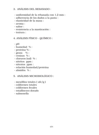 3. ANÁLISIS DEL REBANADO :

-   uniformidad de la rebanada con 1,2 mm :
-   adherencia de los dados a la pasta :
-   elasticidad de la masa :
-   aroma :
-   sabor :
-   resistencia a la masticación :
-   textura :

4. ANÁLISIS FÍSICO - QUÍMICO :

-   pH
-   humedad % :
-   proteína % :
-   grasa % :
-   cenizas % :
-   cloruros (sal) % :
-   nitritos ppm :
-   nitratos ppm :
-   relación humedad/proteína
-   almidón % :

5. ANÁLISIS MICROBIOLÓGICO :

-   mesófilos totales ( ufc/g )
-   coliformes totales
-   coliformes fecales
-   estafilococo dorado
-   salmonella




                                  171
 