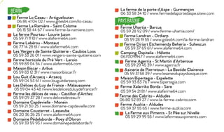 Béarn
Ferme Lo Casau - Artigueloutan
06 86 41 04 02 / www.gites64.com/lo-casau
Ferme La Ramière - Saint Colome
06 15 58 44 67 / www.ferme-la-ramiere.com
La ferme Pourtau - Louvie Juzon
05 59 71 11 10 / www.alaferme64.com
Ferme Labérou - Montaut
06 77 14 28 61 / www.alaferme64.com
Les Vergers de Sainte Quitterie - Caubios Loos
05 59 33 26 01 / www.vergers-sainte-quitterie.com
Ferme horticole du Pré Vert - Laroin
05 59 83 04 54 / www.alaferme64.com
Maison Biscar - Arbus
05 59 83 12 31 / www.maisonbiscar.fr
Lou Guit d’Arzacq - Arzacq
05 59 04 53 61 / www.louguitdarzacq.com
Les Délices du Luy de France - Malaussanne
05 59 04 43 48 /www.lesdelicesduluydefrance.fr
Ferme les délices de veau - Castillon d’Arthez
05 59 09 37 28 / www.delicesdeveau.fr
Domaine Capdevielle - Monein
05 59 21 30 25 / www.domaine-capdevielle.com
Domaine Coustarret - Lasseube
06 20 36 26 25 / www.alaferme64.com
Domaine Pédelaborde - Poey d’Oloron
05 59 39 59 93 / www.domainepedelaborde.fr
La ferme de la porte d’Aspe - Gurmençon
06 33 58 34 10 / www.fermedelaportedaspe.sitew.com
Pays Basque
Ferme Uhartia - Barcus
05 59 28 92 09 / www.ferme-uhartia.com/
Ferme Landran - Ordiarp
05 59 28 19 55 / www.gites64.com/la-ferme-landran
Ferme Diriart Etchemendy Beheria - Suhescun
05 59 37 69 61 / www.alaferme64.com
Camping Ospitalia - Hélette
0670091947 / www.alaferme64.com
Ferme Agerria - St Martin d’Arberoue
05 59 29 45 39 / www.agerria.fr
Asinerie de Pierretoun - La Bastide Clairence
05 59 31 58 39 / www.lesanesdupaysbasque.com
Maison Bipertegia - Espelette
05 59 93 83 76 / www.bipertegia.com
Ferme Xalarriko Borda - Sare
05 59 54 21 81 / www.alaferme64.com
Ferme des Cabrito - Aldudes
06 80 52 89 27 / www.la-ferme-cabrito.com
Ferme Auzkia - Aldudes
05 59 37 55 65 / www.ferme-auzkia.com
La Ferme aux Piments - St Pée sur Nivelle
05 59 29 99 55 / www.lafermeauxpiments.com
 