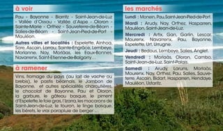 Pau - Bayonne - Biarritz - Saint-Jean-de-Luz
- Vallée d’Ossau - Vallée d’Aspe - Oloron -
Sainte-Marie - Orthez - Sauveterre-de-Béarn -
Salies-de-Béarn - Saint-Jean-Pied-de-Port -
Mauléon.
Autres villes et localités : Espelette, Ainhoa,
Sare,Ascain, Larrau, Sainte-Engrâce, Lembeye,
Morlanne, Nay, Morlàas, les Eaux-Bonnes,
Navarrenx, Saint-Etienne-de-Baïgorry…
Vins, fromage du pays (au lait de vache ou
brebis), le pastis béarnais, le Jambon de
Bayonne, et autres spécialités charcutières,
le chocolat de Bayonne, Pau et Oloron,
la garbure, le gâteau basque, le piment
d’Espelette,le foie gras,l’Izarra,les macarons de
Saint-Jean-de-Luz, le touron, le linge basque,
les bérets, le vrai parapluie de berger …
Lundi : Monein,Pau,Saint-Jean-Pied-de-Port.
Mardi : Arudy, Nay, Orthez, Hasparren,
Mauléon, Saint-Jean-de-Luz.
Mercredi : Artix, Gan, Garlin, Lescar,
Mourenx, Navarrenx, Pau, Bayonne,
Espelette, Urt, Urrugne.
Jeudi : Bedous, Lembeye, Salies,Anglet.
Vendredi : Morlaàs, Oloron, Cambo,
Saint-Jean-de-Luz, Saint-Palais.
Samedi : Arudy, Laruns, Morlaàs,
Mourenx, Nay, Orthez, Pau, Salies, Sauve-
terre, Ascain, Bidart, Hasparren, Hendaye,
Mauléon, Ustaritz.
à voir les marchés
à ramener
 