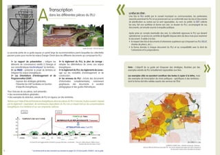4…
A
Transcription
dans les différentes pièces du PLU
Nota : L’objectif de ce guide est d’exposer des stratégies, illustrées par des
exemples extraits de PLU actuellement opposables aux tiers.
Les exemples cités ne sauraient constituer des textes à copier à la lettre, mais
des exemples de transcription de choix politiques - spécifiques à des territoires -
dont la forme doit être validée auprès des services de l’État.
La seconde partie de ce guide expose un panel large de recommandations parmi lesquelles les collectivités
peuvent puiser pour inscrire les enjeux Énergie-Climat dans les différents documents qui composent le PLU :
Pour chacune de ces pièces, sont présentés :
• des recommandations générales ;
• des exemples de rédaction, extraits de PLU en vigueur sur des territoires.
1• Le rapport de présentation : intégrer les
éléments de connaissance relatifs à l’énergie et
aux caractéristiques bioclimatiques* du territoire ;
2• Le PADD : présenter le projet de territoire en
intégrant les enjeux énergétiques ;
3• Les Orientations d’Aménagement et de
Programmation (OAP) :
- Exposer des stratégies générales,
- Présenter les OAP localisées en fonction
d’objectifs énergétiques,
4• le règlement du PLU, le plan de zonage :
adapter les délimitations de zones aux enjeux
énergétiques ;
5• le règlement du PLU, les règlements de zones :
agir sur les modalités d’aménagement et de
construction ;
6• les annexes du PLU : inclure des documents
d’information complémentaires, notamment
graphiques, des documents à vocation
pédagogique et des guides thématiques.
Notons que l’objectif de performances énergétiques dans les pièces du PLU n’est pas, le plus souvent, imposé
par le règlement. Cependant, de nombreuses dispositions du PLU ont un impact fort sur les consommations
énergétiques d’un territoire et sur son empreinte carbone.
«
Le rôle de l’état :
Une fois le PLU arrêté par le conseil municipal ou communautaire, les partenaires
associés examinent le PLU et se prononcent sur sa conformité avec les lois et documents
de planification ou autres qui lui sont opposables. Au nom du préfet, la DDT collecte
les avis, fait une synthèse et donne son avis. Le dossier du PLU, accompagné de ces
documents, est ensuite soumis à enquête publique.
Après prise en compte éventuelle des avis, la collectivité approuve le PLU qui devient
opérationnel. Le service du contrôle de légalité dispose alors de deux mois pour examiner
le document. Il valide à la fois :
•	 le respect des lois et documents d’urbanisme supérieurs qui s’imposent au PLU (SCoT,
chartes de ptarcs, etc.) ;
•	 la forme donnée à chaque document du PLU et sa compatibilité avec le droit de
l’urbanisme et la jurisprudence.
«
LAURENCE HUBERT, Brès + Mariolle et Associés, Urbaneco -
Carte du PADD de Montreuil-sous-Bois (93) : les cercles indiquent les enjeux de la ville compacte et
du renouveau urbain autour des pôles de transport
Atelier de l’Entre - CPIE de Theix (63)
Le Grand Pari de l’agglomération Parisienne, groupe Descartes, coordinateur : Yves Lion, Valéry Masson, Météo-France -
évolution des ilots de chaleur à Paris
* Les termes écrits en bleu renvoient aux annexes en pages 32 à 35 de la partie « ENJEUX » de ce guide.
 