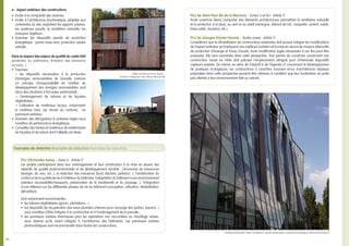 PLU de Saint-Paul (île de la Réunion) - Zones U et AU - Article 11
Toute ouverture devra comporter des éléments architecturaux permettant la ventilation naturelle
et la protection à la pluie, au vent et au soleil (varangue, débord de toit, casquette, auvent, volets,
brise-soleil, claustras, etc.).
PLU de Limoges (Haute-Vienne) - Toutes zones - Article 11
Considérant que la réhabilitation de constructions existantes doit pouvoir intégrer les modifications
de l’aspect extérieur qu’impliquent une meilleure isolation et la mise en œuvre de moyens alternatifs
de production d’énergie et d’eau chaude, toute modification jugée nécessaire à ces fins peut être
proposée. Elle sera examinée dans cette perspective. Tout permis de construire concernant une
construction neuve ex nihilo doit préciser l’emplacement désigné pour d’éventuels dispositifs
capteurs solaires. De même, en vertu de l’objectif 8 de l’Agenda 21 concernant le développement
de pratiques écologiques, les constructions à caractère innovant et/ou d’architecture atypique
proposées dans cette perspective peuvent être admises à condition que leur localisation ne porte
pas atteinte à leur environnement bâti ou naturel.
24…
PLU d’Echirolles (Isère) - Zone U - Article 11
Les projets participeront dans leur aménagement et leur construction à la mise en œuvre des
objectifs de qualité environnementale et de développement durable : l’économie de ressources
(énergie, air, eau, sol...), la réduction des nuisances (bruit, déchets, pollution...), l’amélioration du
confort et de la qualité de vie à l’intérieur du bâtiment, l’adaptation du bâtiment à son environnement
extérieur (accessibilité/transports, préservation de la biodiversité et du paysage...), l’intégration
d’une réflexion sur les différentes phases de vie du bâtiment (conception, utilisation, réhabilitation,
démolition).
Sont notamment recommandés :
•	 les toitures végétalisées (gazon, plantations...) ;
•	 les dispositifs de récupération des eaux pluviales (citernes pour arrosage des jardins, bassins...)
sous condition d’être intégrés à la construction et à l’aménagement de la parcelle ;
•	 les panneaux solaires thermiques pour les opérations non raccordées au chauffage urbain,
sous réserve qu’ils soient intégrés à l’architecture des bâtiments. Les panneaux solaires
photovoltaïques sont recommandés dans toutes les constructions.
Exemples de rédaction Exemples de rédaction Exemples de rédaction Exemples de rédacti
e - Aspect extérieur des constructions
•	 	Inciter à la compacité des volumes.
•	 Inciter à l’architecture bioclimatique, adaptée aux
contraintes du site, exploitant les apports solaires,
les systèmes passifs, la ventilation naturelle, les
masques végétaux...
•	 Autoriser les dispositifs passifs de protection
énergétique : parois brise-vent, protection solaire
estivale.
Dans le respect des enjeux de qualité du cadre bâti
(protection du patrimoine, limitation des émissions
sonores...) :
•	 Favoriser :
¬ les dispositifs nécessaires à la production
d’énergies renouvelables (le Grenelle instaure
un principe d’inopposabilité en matière de
développement des énergies renouvelables sauf
dans des situations à fort enjeu patrimonial) ;
¬ l’aménagement de toitures et de façades
végétalisées ;
¬ l’utilisation de matériaux locaux, notamment
le matériau bois, qui stocke du carbone, en
parement extérieur.
•	 Autoriser des dérogations à certaines règles sous
condition de performance énergétique.
•	 Conseiller des teintes et matériaux de revêtements
de façades et de toiture dont l’albédo est élevé.
Atelier Architecture Simon Teyssou -
Quartier La Bageasse, Foyer Vellave, Brioude (43)
Charletty, Rambourdin, Rivoire, architectes - Façade double-peau, Immeuble La Montagne, Clermont-Ferrand (63)
 