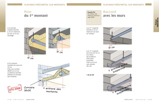 Pose
du 1er
montant
Le premier
montant doit être
à 10 cm maximum
du mur nu ou du
doublage.
Si le premier
montant est à plus de
10 cm.
Fixer une cornière
30x35 sur le mur.
La distance doit être
inférieure à l’entraxe
des montants.
10 cm
Raccord
avec les murs
La 1ère
suspente
doit être à 10 cm
maximum du bout
du montant.
10 cm
La 1ère
suspente 	
est à plus de 10 cm	
et à moins 	
de la distance 	
entre deux
suspentes :
Fixer sur le mur
une cornière 	
30 x 35.
ou un rail
≤ entraxe entre
suspentes
≤ entraxe entre
suspentes
Conseils Pro
Voir tableau des
distances maximum
page 00/00.
≤ entraxe des
montants
P A G E 3 4 	 I 	 C A R N E T D E P O S E 2 0 0 8 	 I 	 L A F A R G E P L Â T R E S 	 L A F A R G E P L Â T R E S 	 I 	 C A R N E T D E P O S E 2 0 0 8 	 I 	 P A G E 3 5
Plafond
PRÉGYMÉTAL
PLAFONDS PRÉGYMÉTAL SUR MONTANTSPLAFONDS PRÉGYMÉTAL SUR MONTANTS
10 cm
Cornière
30x35
 