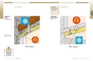 Isolation
Plafond sous
combles :
pare vapeur 	
de la laine en bas.
Isolant entre ou
sous les fourrures.
Ne pas superposer
deux couches 	
de laine avec 	
pare vapeur
Pare vapeur
Plafond dans
local non chauffé :
pare vapeur en
haut.
Pare vapeur
Conseils Pro
Le pare vapeur est
toujours du côté du
local chauffé.
P A G E 4 8 	 I 	 C A R N E T D E P O S E 2 0 0 8 	 I 	 L A F A R G E P L Â T R E S
PLAFONDS PRÉGYMÉTAL
	 L A F A R G E P L Â T R E S 	 I 	 C A R N E T D E P O S E 2 0 0 8 	 I 	 P A G E 4 9
Plafond
PRÉGYMÉTAL
PLAFONDS PRÉGYMÉTAL
Isolation
 