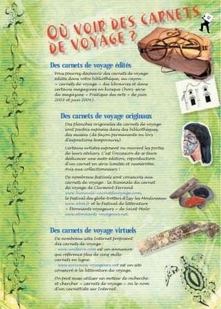 12

Des carnets de voyage édités
Vous pourrez découvrir des carnets de voyage
édités dans votre bibliothèque, au rayon
« carnets de voyage » des librairies et dans
certains magazines en kiosque (hors -série
du magazine « Pratique des arts » de juin
2003 et juin 2004).

Des carnets de voyage originaux
Des planches originales de carnets de voyage
sont parfois exposées dans des bibliothèques,
des musées (de façon permanente ou lors
d’expositions temporaires).
Certains artistes exposent ou ouvrent les portes
de leurs ateliers. C’est l’occasion de se faire
dédicacer une auto édition, reproduction
d’un carnet en série limitée et numérotée.
Avis aux collectionneurs !
De nombreux festivals sont consacrés aux
carnets de voyage : la Biennale du carnet
de voyage de Clermont-Ferrand
www.biennale -carnetdevoyage.com,
le Festival des globe-trotters d’Issy-les-Moulineaux
www.abm.fr et le Festival de littérature
« Étonnants voyageurs » de Saint-Malo
www.etonnants -voyageurs.net.

©Éditions Sépia-Tél. 01 43 97 22 14

Des carnets de voyage virtuels
De nombreux sites Internet proposent
des carnets de voyage :
- www.uniterre.com est un annuaire
qui référence plus de cinq mille
carnets en ligne.
- www.ecrivains-voyageurs.net est un site
consacré à la littérature du voyage.
On peut aussi utiliser un moteur de recherche
et chercher « carnets de voyage » ou le nom
d’un carnettiste sur Internet.

 