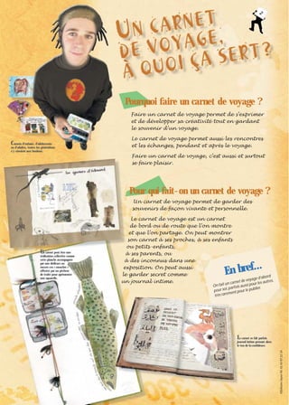 2

Pourquoi faire un carnet de voyage ?
Faire un carnet de voyage permet de s’exprimer
et de développer sa créativité tout en gardant
le souvenir d’un voyage.

Carnets d’enfants, d’adolescents

ou d’adultes, toutes les générations
s’y côtoient avec bonheur.

Le carnet de voyage permet aussi les rencontres
et les échanges, pendant et après le voyage.
Faire un carnet de voyage, c’est aussi et surtout
se faire plaisir.

Pour qui fait-on un carnet de voyage ?
Un carnet de voyage permet de garder des
souvenirs de façon vivante et personnelle.

réalisation collective comme
cette planche accompagnée
par une dédicace ou
encore ces « mouches »
offertes par un pêcheur
de truite pour agrémenter
une aquarelle.

En bref…

On fait
aussi p er.
li
i, parfois
pour so ent pour le pub
arem
très r

Le carnet se fait parfois

journal intime prenant alors
le ton de la confidence.
©Éditions Sépia-Tél. 01 43 97 22 14

Un carnet peut être une

Le carnet de voyage est un carnet
de bord ou de route que l’on montre
et que l’on partage. On peut montrer
son carnet à ses proches, à ses enfants
ou petits -enfants,
à ses parents, ou
à des inconnus dans une
exposition. On peut aussi
le garder secret comme
ord
ge d’ab s,
de voya
et
un journal intime.
utre
un carn
our les a

 