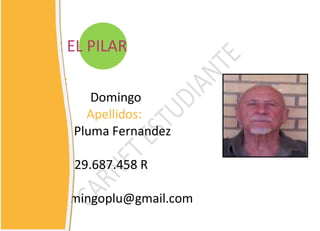CEPER EL PILAR
Nombre:
             Domingo
            Apellidos:
          Pluma Fernandez
DNi
D.N.I.- Nº 29.687.458 R
Mail:
        domingoplu@gmail.com
 