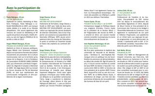 Avec la participation de
Paola Ndengue, 24 ans
CEO de FASHIZBLACK
Diplômée en Lettres, Marketing et Rela-
tions Publiques, Paola Ndengue a co-
fondé FASHIZBLACK en 2007, une marque
média dédiée à la mode et au lifestyle
afropolitains. Elle assure également des
missions de conseil en Marketing et RP
auprès de porteurs de projets créatifs afri-
cains, au sein de l’agence PANNELLE & Co
qu’elle a créée en 2013.
Hugue Mbedi Ebongue, 26 ans
Président de JEUNESSE SAWA CANADA
Diplômé en Droit et Sciences politiques,
Hugue Mbedi s’est fortement impliqué
depuis une quinzaine d’annéesdans divers
mouvements de promotion de la Culture
Camerounaise, tant sur le territoire qu’au
niveau de la diaspora. Il est le fondateur
de l’association JEUNESSE SAWA CANADA
(JSC), qui a fortement contribué à l’organi-
sation du «Ngondo ô Canada» à Montréal
en 2009. JSC siège depuis 2011 au Conseil
du Forum Jeunesse de l’Île de Montréal
(FJIM), en tant que représentant des
communautés immigrantes et afro-cari-
béennes de la région montréalaise.
Serge Owona, 30 ans
Président de
MELTING POT DEVELOPMENT
Publicitaire de formation, Serge Owona a
fondé en 2007 avec l’aide de deux amis,
MELTING POT DEVELOPMENT, une asso-
ciation qui regroupe des jeunes étudiants
de diverses nationalités, dans le but d’ap-
porter une assistance aux populations dé-
favorisées d’Afrique. MPD œuvre princi-
palement dans les champs de l’éducation,
la santé, la nutrition et l’insertion sociale
en faveur des orphelins du continent afri-
cain.
Serge Tchaha, 30 ans
Chroniqueur pour Afrique Expansion
Magazine - Auteur de plusieurs ouvrages
Originaire du pays des lions indomptables,
Serge Tchaha est diplômé en Marketing
& Entrepreneuriat, et titulaire d’un MBA
en Gestion Internationale de l’Université
Laval au Québec. Homme du verbe, de
l’écrit et de la parole, il est chroniqueur
économique et travaille pour Afrique
Expansion Magazine. Outre avoir signé
quelques chroniques pour Forbes Africa,
Les Afriques ou le quotidien camerounais
l’Actu, Serge a coordonné la rédaction
de l’ouvrage «Nous faisons le rêve que
l’Afrique de 2060 sera …», paru en 2010 et
préfacé par l’ancien Président Sénégalais
Abdou Diouf. Il est également l’auteur du
livre «La Francophonie économique - Ho-
rizons des possibles vus d’Afrique», publié
en 2012 aux éditions l’Harmattan.
Francis Epote, 39 ans
Président Section Wouri 1 de OJ-RDPC
Entrepreneur engagé en Politique depuis
une vingtaine d’années, Francis Epote
est le président de la Section Wouri 1
de l’Organisation des Jeunes du RDPC. Il
a entamé en 2013, son second mandat
comme conseiller municipal pour la marie
d’arrondissement de Douala 1er.
Jean-Baptiste Atemengue, 42 ans
Ancien Vice-président Section
RDPC France Nord
Né d’un père syndicaliste et diplômé des
universités de Yaoundé et de Montes-
quieu – Bordeaux IV, Jean-Baptiste Ate-
mengue entre en politique lors de l’accé-
lération du processus de démocratisation,
au début des années 90. Âgé d’à peine 20
ans, il s’inscrit comme membre au comité
de base RDPC de Bastos à Yaoundé. Il as-
surera entre 2002 et 2007, la fonction de
Vice-président de la section RDPC France
Nord. Aujourd’hui actif au sein de la sec-
tion RDPC de la Mefou-Akono Ouest, il
ambitionne de diriger une liste lors des
prochaines échéances de renouvellement
des bureaux de base de son parti.
Joshua Osih, 44 ans
1er
Vice-président du SDF,
Député Wouri-Est
Professionnel de l’aviation et du tou-
risme, Vice-président du SDF, Joshua
Osih est depuis le renouvellement des
assemblées législatives en 2013, député
de Wouri Centre et Vice-président de la
Commission des Finances et du Budget à
l’Assemblée Nationale du Cameroun. Il est
également le représentant de son parti
à l’Alliance Progressiste, une plateforme
et un «think tank» qui regroupe les par-
tis progressistes et socio-démocrates du
monde. Il représente enfin le SDF à l’In-
ternationale socialiste, l’association mon-
diale des partis socio-démocrates.
Kah Walla, 48 ans
Présidente du CPP
Titulaire d’un MBA en Management de
Howard University aux Etats-Unis, Kah
Walla retourne au Cameroun à la fin de
ses études en 1991 et milite pour l’avène-
ment de la démocratie à travers un groupe
de soutien aux partis politiques de l’oppo-
sition. Elle intègre le SDF en 2007 et est
élue conseillère municipale pour la com-
mune de Douala 1er. En 2010, Kah Walla
démissionne du SDF et intègre le CPP, qui
l’investira comme candidate aux élections
présidentielles camerounaises de 2011.
Elle a entamé en 2013, son second man-
dat comme conseiller municipal pour la
mairie d’arrondissement de Douala 1er.
ii iii
 
