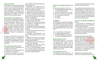Qu’est-ce que la SJC ?
La Synergie de la Jeunesse Camerounaise
(S.J.C.) se veut un mouvement associatif
ouvert à tous les Camerounais âgés de 15
à 35 ans désireux d’apporter leur contri-
bution pragmatique à l’émergence d’un
Cameroun nouveau. Nous l’envisageons
économiquement Prospère, fier de son
Histoire et de sa diversité Culturelle.
Quelle mission la SJC s’assigne-t-elle ?
La Synergie de la Jeunesse Camerounaise
se donne pour finalité d’être une plate-
forme participative de réflexion, de pro-
positions et d’actions ; des jeunes par
les jeunes et pour les jeunes en collabo-
ration avec tous les décideurs (pouvoirs
publics, opérateurs économiques, partis
politiques, ONG, communauté interna-
tionale…) sur tout ce qui a trait aux pro-
blèmes qui touchent à la jeunesse de
notre pays.
Par ailleurs, la SJC se donne pour mission
de mettre les talents, les compétences
et les énergies des jeunes camerounais à
contribution du développement culturel,
économique, et social de leur pays: les
mutualiser.
Quels sont les Buts visés par la SJC ?
•	 Assurer l’accueil, l’encadrement et la
formation de ses membres
•	 Renforcer les liens de Solidarité et de
Fraternité entre ses membres
•	 Favoriser les échanges sur les ques-
tions courantes de la Vie nationale ainsi
que l’évaluation objective des bilans des
actions entreprises
•	 Développer une synergie entre les
membres à travers des activités éduca-
tives socioculturelles et sportives
•	 Faire connaître à ses membres les lois,
les règlements et l’histoire du Cameroun
•	 Susciter une préoccupation des jeunes
sur les enjeux majeurs qui influencent la
marche de notre pays dans le contexte
actuel de mondialisation
•	 Être un moteur d’éducation et d’ins-
truction civique pour les jeunes
•	 Organiser des activités d’orientation
aux formations universitaires pour les
jeunes des lycées et collèges
•	 Sensibiliser la Jeunesse Camerounaise
aux forces et à l’importance de la diversité
culturelle
•	 Promouvoir et véhiculer les cultures et
les langues nationales
•	 Encourager l’entrepreneuriat des
jeunes, particulièrement dans les zones
rurales
•	 Publiciser les mesures d’accompagne-
ments des jeunes entrepreneurs mises en
place par le gouvernement
•	 Sensibiliser les jeunes à l’écologie, son
urgence et son importance
•	 Développer des réseaux de contacts
avec les jeunes leaders du monde
•	 Être l’un des intermédiaires majeurs
de la Jeunesse auprès des pouvoirs pu-
blics, des groupements patronaux et des
partenaires au développement
Quels sont les organes directeurs de la
SJC ?
Les principaux organes de la SJC sont :
•	 L’assemblée générale, organe suprême
•	 Le conseil d’administration
•	 Le bureau exécutif, élu pour un man-
dat de 2 ans, renouvelable une seule fois
•	 Les représentations régionales
•	 Les cellules
•	 Les comités
Les Comités
Les comités sont les organes responsables
de la coordination et du suivi des activités
de la SJC en accord avec la vision prescrite
par le conseil d’administration et la poli-
tique générale définie par le bureau exé-
cutif.
La S.J.C. compte trois comités à savoir :
•	 Le Comité Engagement citoyen
•	 Le Comité Entrepreneuriat Jeunesse
•	 Le Comité Socioéducatif et Culturel
Qui peut adhérer à la SJC ?
Toute personne âgée de 15 à 35 ans,
jouissant de ses droits civiques, soucieuse
du développement commun dans le
cadre de l’action concertée. La SJC ne fait
aucune distinction sexuelle, intellectuelle,
religieuse ou ethnique préalable à l’adhé-
sion de qui que ce soit.
Comment adhérer à la SJC ?
Est considérée comme membre de la
S.J.C., toute personne dûment enregistrée
au sein du mouvement et qui s’est acquit-
tée de ses droits de cotisation.
Les membres s’étant acquittés de leurs co-
tisations déposent une copie de leur carte
d’identité (CNI) à leur représentation ou à
leur cellule d’affiliation et ils reçoivent en
retour leur carte de membre dans un dé-
lai de 20 jours. Certains avantages définis
par le bureau exécutif sont exclusivement
réservés aux membres actifs.
Quels sont les domaines privilégiés par
la SJC ?
•	 L’Economique par l’amélioration des
compétences des jeunes et le développe-
ment de l’esprit d’entreprise.
•	 Le Social et le Culturel : la promotion
de notre identité en tant que Nation, la
connaissance de notre histoire et l’enga-
gement dans l’amélioration holistique de
la Société Camerounaise.
Comment pouvez-vous aider la SJC ?
La mission que la SJC s’assigne est lucra-
tivement désintéressée. Dès lors, toute
aide qui concourt à l’atteinte des objec-
tifs globaux est la bienvenue. La SJC voit
donc d’un bon œil la mise à disposition
au bénéfice final de tous les camerounais:
de votre temps, de tout soutien matériel
ou financier, ou de toute participation
intellectuelle au développement et au
déploiement de ses projets.
Quelles sont les priorités de la SJC ?
La SJC et ses membres perçoivent l’inté-
72 73
 