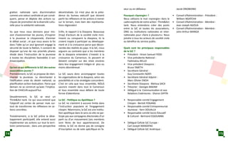 gration nationale sans discrimination
comme une valeur cardinale et par consé-
quent, pense et déploie des actions cy-
cliques de promotion de la diversité cultu-
relle pour la solidarité nationale.
Vu que nous nous donnons pour mis-
sion d’autonomiser les jeunes, d’inspirer
à la jeunesse la citoyenneté, d’animer
le débat social ; et que nous avons la foi
dans l’idée qu’un seul ignorant engage la
sécurité de toute la Nation, il convient de
disposer qu’une de nos priorités phares
réside dans l’instruction de la jeunesse
à toutes les disciplines favorables à son
émancipation.
Qu’est-ce qui différencie la SJC des autres
associations jeunes ?
Premièrement, la SJC se propose de réen-
chanter la jeunesse. La réenchanter à
l’édification vraie du destin national, sa
planification-action-évaluation. Parce que
demain ne se construit qu’avec l’implica-
tion de CHACUN aujourd’hui.
Deuxièmement, la SJC se veut un
Think&Act tank. Ce qui sous-entend que
l’objectif est certes de penser mais sur-
tout de transformer les réflexions en ac-
tions concrètes.
Troisièmement, si la SJC prône le déve-
loppement participatif, elle entend aussi
implémenter ses actions sur tout le terri-
toire camerounais ; dans une perspective
décentralisée. Ce n’est plus de la prési-
dence du bureau exécutif que doivent
partir les réflexions et les actions à mener
sur le terrain, mais bien des représenta-
tions régionales!
Enfin, le rapport à la Diaspora. Beaucoup
(trop) d’acteurs de la société civile mini-
misent ou conspuent la diaspora; ils la
croient inapte à participer au développe-
ment et à la croissance parce que décon-
nectée des réalités du pays. A la SJC, nous
arguons au contraire que si les membres
de la diaspora entendent s’investir à la
croissance du Cameroun, ils peuvent et
doivent compter sur des relais sincères
dans leur engagement intègre et plus ou
moins désintéressé.
La SJC saura donc accompagner toutes
les organisations de la diaspora, selon ses
possibilités et si les stratégies concordent.
C’est en cela que tous ensemble, NOUS
saurons investir dans tout le Cameroun
et tous ensemble nous défaire de toute
forme d’attentisme.
La SJC : Politique ou Apolitique ?
La SJC ne s’astreint à aucune limite dans
l’instruction populaire et l’engagement
citoyen. Néanmoins, la SJC est une institu-
tion apolitique dans le sens où elle ne par-
ticipe pas aux campagnes électorales d’un
parti ou d’un mouvement (ses membres
sont libres de leur appartenance). De
même, la SJC ne donne pas de consigne
d’inscription ou de vote spécifique en fa-
veur ou en défaveur.
Pourquoi «Synergie» ?
Nous utilisons le mot «synergie» dans le
cadre explicite de notre action : Think&Act
tank. Nous entendons créer des ponts
entre la SJC et toutes les associations,
ONG ou institutions nationales et inter-
nationales pour «faire à plusieurs». Nous
joindre à tous les acteurs de société civile
au bénéfice du service public.
Quels sont les principaux responsables
de la SJC ?
•	 Président : Hiram Samuel IYODI
•	 Vice-présidente National : 		
	 Fadimatou BELLO
•	 Vice-président Diaspora : 		
	 Bruce TABETH
•	 Secrétaire Général : 		
	 Guy Constantin NZATI
•	 Secrétaire Général Adjoint : 		
	 Marc-Olivier ENOH
•	 Secrétaire Diaspora : Melissa SACK
•	 Trésorier : Georges BAKAM
•	 Délégué à la Communication et aux 	
	 Relations Extérieures : Sharon DIPITA
•	 Responsable comité Engagement 	
	 Citoyen : Bertolt FOGANG
•	 Responsable comité Entrepreneuriat 	
	 Jeunesse : Yann DOUALLA
•	 Responsable comité Socio-Éducatif 	
	 & Culturel : Bertrand ESSOUMBA
•	 Délégué Cellule SJC Europe : 		
	 Carl Joseph MANDENG
•	 Délégué Cellule SJC Amérique : 		
	 Jacob ONOBIONO
•	 Conseil d’Administration - Président : 	
	 William NGATCHA
•	 Conseil d’Administration - Membre : 	
	 Jean Joseph AGOUA
•	 Conseil d’Administration - Membre : 	
	 John Arthur MANGA
74 75
 