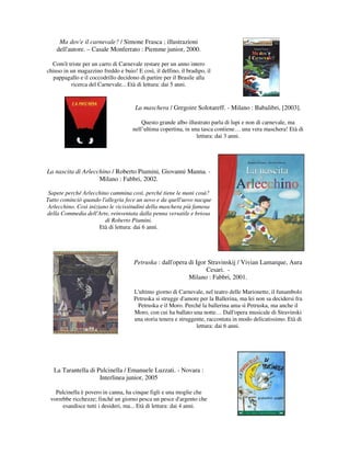 Ma dov'e il carnevale? / Simone Frasca ; illustrazioni
    dell'autore. – Casale Monferrato : Piemme junior, 2000.

  Com'è triste per un carro di Carnevale restare per un anno intero
chiuso in un magazzino freddo e buio! E così, il delfino, il bradipo, il
  pappagallo e il coccodrillo decidono di partire per il Brasile alla
          ricerca del Carnevale... Età di lettura: dai 5 anni.


                                      La maschera / Gregoire Solotareff. - Milano : Babalibri, [2003].

                                         Questo grande albo illustrato parla di lupi e non di carnevale, ma
                                     nell’ultima copertina, in una tasca contiene… una vera maschera! Età di
                                                                 lettura: dai 3 anni.




La nascita di Arlecchino / Roberto Piumini, Giovanni Manna. -
                    Milano : Fabbri, 2002.

 Sapete perché Arlecchino cammina così, perché tiene le mani cosà?
Tutto cominciò quando l'allegria fece un uovo e da quell'uovo nacque
 Arlecchino. Così iniziano le vicissitudini della maschera più famosa
della Commedia dell'Arte, reinventata dalla penna versatile e briosa
                         di Roberto Piumini.
                       Età di lettura: dai 6 anni.




                                      Petruska : dall'opera di Igor Stravinskij / Vivian Lamarque, Aura
                                                                   Cesari. -
                                                            Milano : Fabbri, 2001.

                                      L'ultimo giorno di Carnevale, nel teatro delle Marionette, il funambolo
                                      Petruska si strugge d'amore per la Ballerina, ma lei non sa decidersi fra
                                       Petruska e il Moro. Perché la ballerina ama sì Petruska, ma anche il
                                      Moro, con cui ha ballato una notte… Dall'opera musicale di Stravinski
                                      una storia tenera e struggente, raccontata in modo delicatissimo. Età di
                                                                 lettura: dai 6 anni.




   La Tarantella di Pulcinella / Emanuele Luzzati. - Novara :
                     Interlinea junior, 2005

   Pulcinella è povero in canna, ha cinque figli e una moglie che
 vorrebbe ricchezze; finché un giorno pesca un pesce d'argento che
      esaudisce tutti i desideri, ma... Età di lettura: dai 4 anni.
 