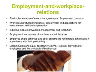 Employment-and-workplace-
relations

The implementation of enterprise agreements. Employment contracts.

Wrongful/unlawful terminations of employment and applications for
reinstatement and/or compensation.

Industrial dispute prevention, management and resolution.

Employment law aspects of insolvency administration.

Employee share schemes and other schemes to remunerate employees in
accordance with their productivity.

Discrimination and equal opportunity claims. Restraint provisions for
employees and the principals of businesses.
 