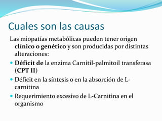 Cuales son las causas
Las miopatías metabólicas pueden tener origen
clínico o genético y son producidas por distintas
alteraciones:
 Déficit de la enzima Carnitil-palmitoil transferasa
(CPT II)
 Déficit en la síntesis o en la absorción de L-
carnitina
 Requerimiento excesivo de L-Carnitina en el
organismo
 