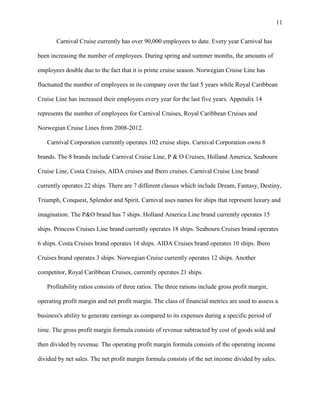 11
Carnival Cruise currently has over 90,000 employees to date. Every year Carnival has
been increasing the number of employees. During spring and summer months, the amounts of
employees double due to the fact that it is prime cruise season. Norwegian Cruise Line has
fluctuated the number of employees in its company over the last 5 years while Royal Caribbean
Cruise Line has increased their employees every year for the last five years. Appendix 14
represents the number of employees for Carnival Cruises, Royal Caribbean Cruises and
Norwegian Cruise Lines from 2008-2012.
Carnival Corporation currently operates 102 cruise ships. Carnival Corporation owns 8
brands. The 8 brands include Carnival Cruise Line, P & O Cruises, Holland America, Seabourn
Cruise Line, Costa Cruises, AIDA cruises and Ibero cruises. Carnival Cruise Line brand
currently operates 22 ships. There are 7 different classes which include Dream, Fantasy, Destiny,
Triumph, Conquest, Splendor and Spirit. Carnival uses names for ships that represent luxury and
imagination. The P&O brand has 7 ships. Holland America Line brand currently operates 15
ships. Princess Cruises Line brand currently operates 18 ships. Seabourn Cruises brand operates
6 ships. Costa Cruises brand operates 14 ships. AIDA Cruises brand operates 10 ships. Ibero
Cruises brand operates 3 ships. Norwegian Cruise currently operates 12 ships. Another
competitor, Royal Caribbean Cruises, currently operates 21 ships.
Profitability ratios consists of three ratios. The three rations include gross profit margin,
operating profit margin and net profit margin. The class of financial metrics are used to assess a
business's ability to generate earnings as compared to its expenses during a specific period of
time. The gross profit margin formula consists of revenue subtracted by cost of goods sold and
then divided by revenue. The operating profit margin formula consists of the operating income
divided by net sales. The net profit margin formula consists of the net income divided by sales.

 
