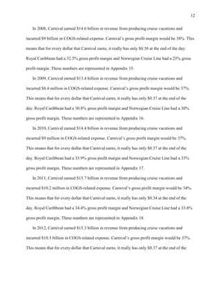 12
In 2008, Carnival earned $14.6 billion in revenue from producing cruise vacations and
incurred $9 billion in COGS-related expense. Carnival‟s gross profit margin would be 38%. This
means that for every dollar that Carnival earns, it really has only $0.38 at the end of the day.
Royal Caribbean had a 32.5% gross profit margin and Norwegian Cruise Line had a 25% gross
profit margin. These numbers are represented in Appendix 15.
In 2009, Carnival earned $13.4 billion in revenue from producing cruise vacations and
incurred $8.4 million in COGS-related expense. Carnival‟s gross profit margin would be 37%.
This means that for every dollar that Carnival earns, it really has only $0.37 at the end of the
day. Royal Caribbean had a 30.8% gross profit margin and Norwegian Cruise Line had a 30%
gross profit margin. These numbers are represented in Appendix 16.
In 2010, Carnival earned $14.4 billion in revenue from producing cruise vacations and
incurred $9 million in COGS-related expense. Carnival‟s gross profit margin would be 37%.
This means that for every dollar that Carnival earns, it really has only $0.37 at the end of the
day. Royal Caribbean had a 33.9% gross profit margin and Norwegian Cruise Line had a 33%
gross profit margin. These numbers are represented in Appendix 17.
In 2011, Carnival earned $15.7 billion in revenue from producing cruise vacations and
incurred $10.2 million in COGS-related expense. Carnival‟s gross profit margin would be 34%.
This means that for every dollar that Carnival earns, it really has only $0.34 at the end of the
day. Royal Caribbean had a 34.4% gross profit margin and Norwegian Cruise Line had a 33.8%
gross profit margin. These numbers are represented in Appendix 18.
In 2012, Carnival earned $15.3 billion in revenue from producing cruise vacations and
incurred $10.3 billion in COGS-related expense. Carnival‟s gross profit margin would be 37%.
This means that for every dollar that Carnival earns, it really has only $0.37 at the end of the

 