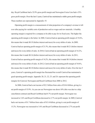 13
day. Royal Caribbean had a 32.9% gross profit margin and Norwegian Cruise Line had a 35%
gross profit margin. Over the last 5 years, Carnival has maintained a stable gross profit margin.
These numbers are represented in Appendix 19.
Operating profit margin is a measurement of what proportion of a company's revenue is left
over after paying for variable costs of production such as wages and raw materials. A healthy
operating margin is required for a company to be able to pay for its fixed costs. The higher the
operating profit margin is the better. In 2008, Carnival had an operating profit margin of 19.6%,
this means that it made $0.19 (before interest and taxes) for every dollar of sales. In 2009,
Carnival had an operating profit margin of 21.5%, this means that it made $0.21 (before interest
and taxes) for every dollar of sales. In 2010, Carnival had an operating profit margin of 16.2%,
this means that it made $0.16 (before interest and taxes) for every dollar of sales. In 2011,
Carnival had an operating profit margin of 14.2%, this means that it made $0.14 (before interest
and taxes) for every dollar of sales. In 2012, Carnival had an operating profit margin of 10.6%,
this means that it made $0.10 (before interest and taxes) for every dollar of sales. Over the last 5
years, Carnival‟s operating profit margin has fluctuated but overall Carnival has maintained a
good operating profit margin. Appendix 20, 21, 22, 23. and 24. represent the operating profit
margins for Carnival, Norwegian and Royal Caribbean from 2008 to 2012.
In 2008, Carnival had a net income of $2.3 billion from sales of $14.6 billion, giving it a
net profit margin of 15.9%. As you can see Norwegian was down 10% (this was due to a ship
cancellation contract) and Royal Caribbean had 8.7% net profit margin. Norwegian was
increased to 3.6% and Royal Caribbean decreased to 2.7% net profit margin. In 2009, Carnival
had a net income of $1.7 billion from sales of $13.4 billion, giving it a net profit margin of
13.2%. Norwegian was increased to 3.6% and Royal Caribbean decreased to 2.7% net profit

 