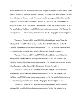 9
or market's total sales that is earned by a particular company over a specified time period. Market
share is calculated by taking the company's sales over the period and dividing it by the total sales
of the industry over the same period. This metric is used to give a general idea of the size of a
company to its market and its competitors. The sales of Carnival in 2008 were $14.6 billion
divided by the sales of the cruise industry which was $27 billion, leaving a market share of 54%.
The sales for Royal Caribbean were $6.5 billion leaving the market share at 24%. The sales for
Norwegian were $2.1 billion leaving the market share at 7.7%. The graph is shown in Appendix
7.
The sales of Carnival in 2009 were $13.4 billion divided by the sales of the cruise
industry which was $26.9 billion, leaving a market share of 49.8%. The sales for Royal
Caribbean were $5.8 billion leaving the market share at 21.5%. The sales for Norwegian were
$1.8 billion leaving the market share at 6.69%. The graph is shown in Appendix 8.
The sales of Carnival in 2010 were $14.4 billion divided by the sales of the cruise
industry which were $26.8 billion, leaving a market share of 53.9%. The sales for Royal
Caribbean were $6.7 billion leaving the market share at 25%. The sales for Norwegian were $2
billion leaving the market share at 8.2%. The graph is shown in Appendix 9.
The sales of Carnival in 2011 were $15.7 billion divided by the sales of the cruise
industry which were $29.4 billion, leaving a market share of 53.7%. The sales for Royal
Caribbean were $7.5 billion leaving the market share at 25.6%. The sales for Norwegian were
$2.2 billion leaving the market share at 7.5%. The graph is shown in Appendix 10.
The sales of Carnival in 2012 were $15.3 billion divided by the sales of the cruise
industry which were $36.2 billion, leaving a market share of 42.4%. The sales for Royal

 