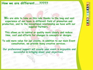 How we are different…..?????



 We   are able to take on this role thanks to the long and vast
   experience of our team in different field of promotion and
production, and to the exceptional relationship we have with our
                       supplier Partners.

  This allows us to control or quality more closely and reduce
  time, cost and efforts for changes in concepts or designs.

To add more value for our clients, in addition to our main Event
       consultation, we provide many creative services.

Our professional support will ensure your event is enjoyable and
         successful in bringing about your objectives.
 