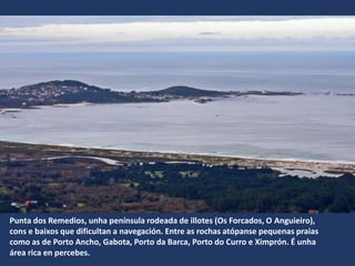 Punta dos Remedios, unha península rodeada de illotes (Os Forcados, O Anguieiro),
cons e baixos que dificultan a navegación. Entre as rochas atópanse pequenas praias
como as de Porto Ancho, Gabota, Porto da Barca, Porto do Curro e Ximprón. É unha
área rica en percebes.
 