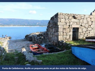 Punta de Caldebarcos. Acolle un pequeno porto ao pé dos restos de factorías de salga.
 
