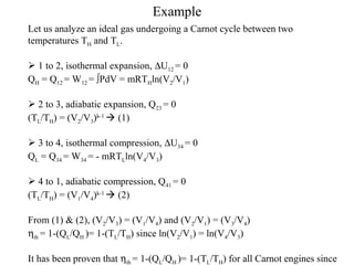 Example
Let us analyze an ideal gas undergoing a Carnot cycle between two
temperatures TH and TL.
 1 to 2, isothermal expansion, ∆U12 = 0
QH = Q12 = W12 = ∫PdV = mRTHln(V2/V1)
 2 to 3, adiabatic expansion, Q23 = 0
(TL/TH) = (V2/V3)k-1
 (1)
 3 to 4, isothermal compression, ∆U34 = 0
QL = Q34 = W34 = - mRTLln(V4/V3)
 4 to 1, adiabatic compression, Q41 = 0
(TL/TH) = (V1/V4)k-1
 (2)
From (1) & (2), (V2/V3) = (V1/V4) and (V2/V1) = (V3/V4)
ηth = 1-(QL/QH )= 1-(TL/TH) since ln(V2/V1) = ln(V4/V3)
It has been proven that ηth = 1-(QL/QH )= 1-(TL/TH) for all Carnot engines since
 